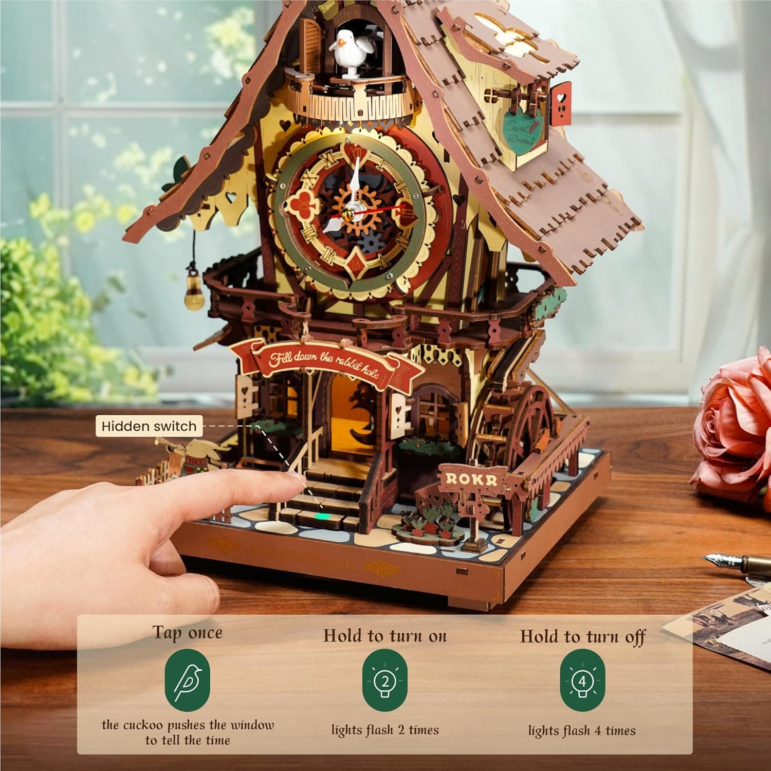 ROKR Rompecabezas de madera 3D para adultos, kit de modelo de reloj cuco, kit de bricolaje para hacer relojes funcionales