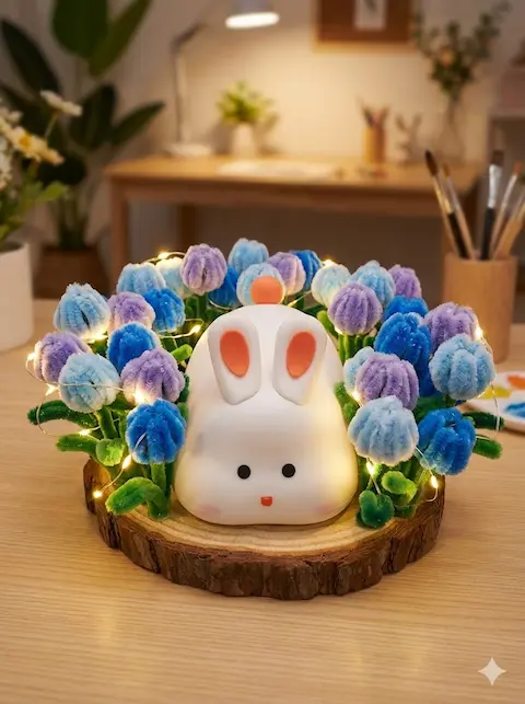 Lámpara de Noche "Conejito en Jardín de Tulipanes" (Hecho a Mano)