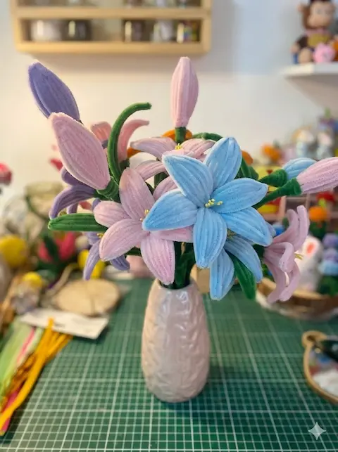 Arreglo Floral "Lirios de Primavera" con Jarrón (Hecho a Mano)